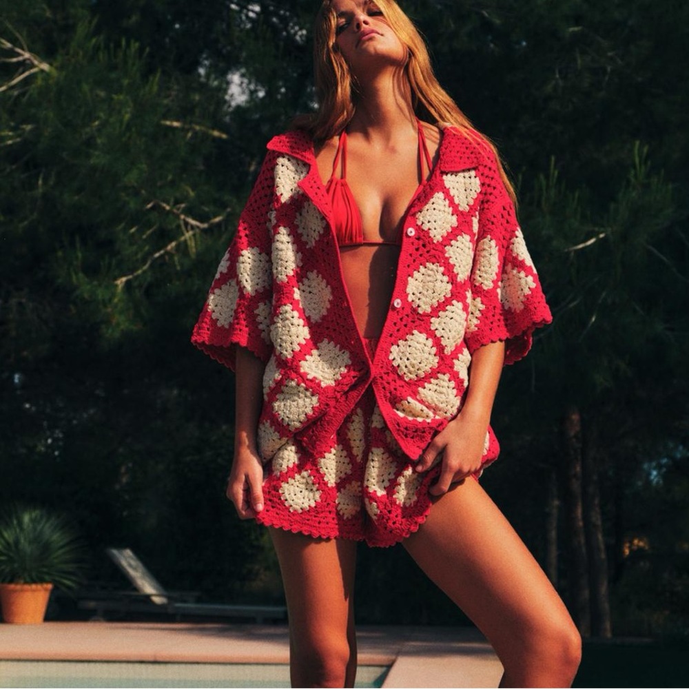 Zara set crochet knit polo top and short